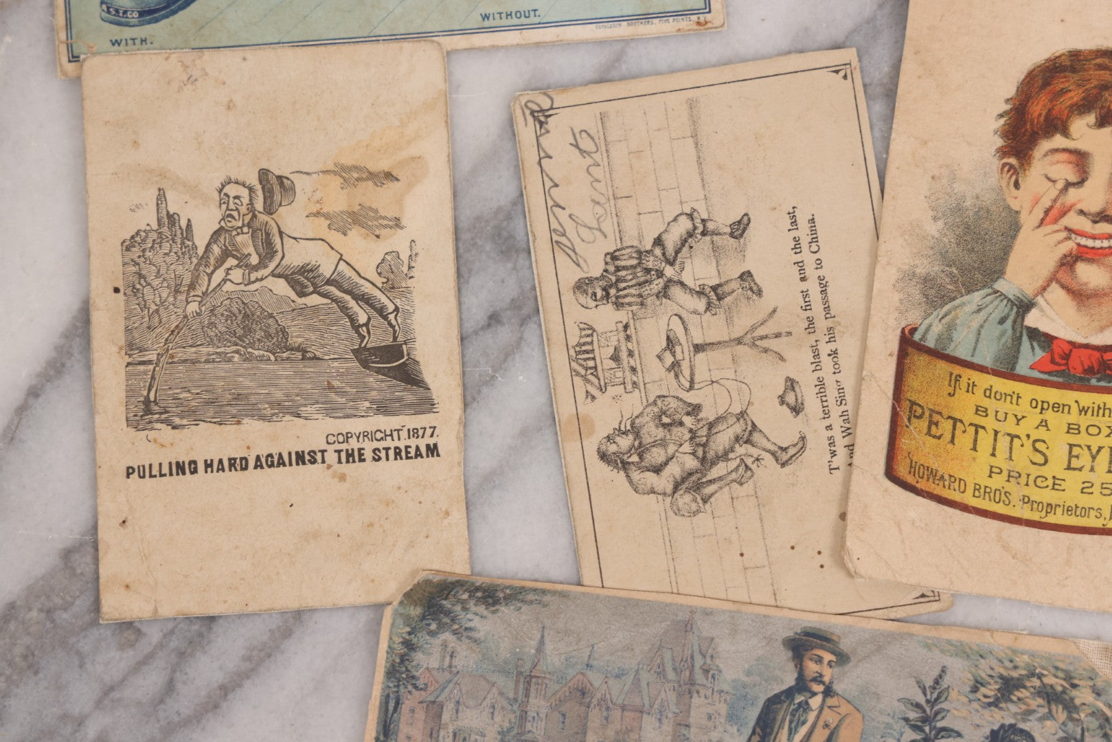 Lot 131 - Grouping Of Fifteen Antique Lithographed Trade Cards Cut From Scrap Albums, Including Petit's Eye Salve, Others, Note All Have Paper Pasted To Backs