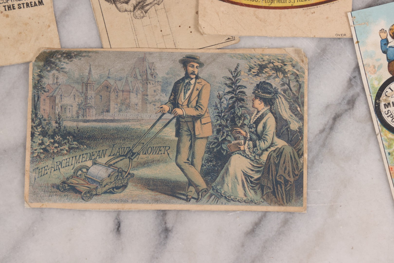 Lot 131 - Grouping Of Fifteen Antique Lithographed Trade Cards Cut From Scrap Albums, Including Petit's Eye Salve, Others, Note All Have Paper Pasted To Backs