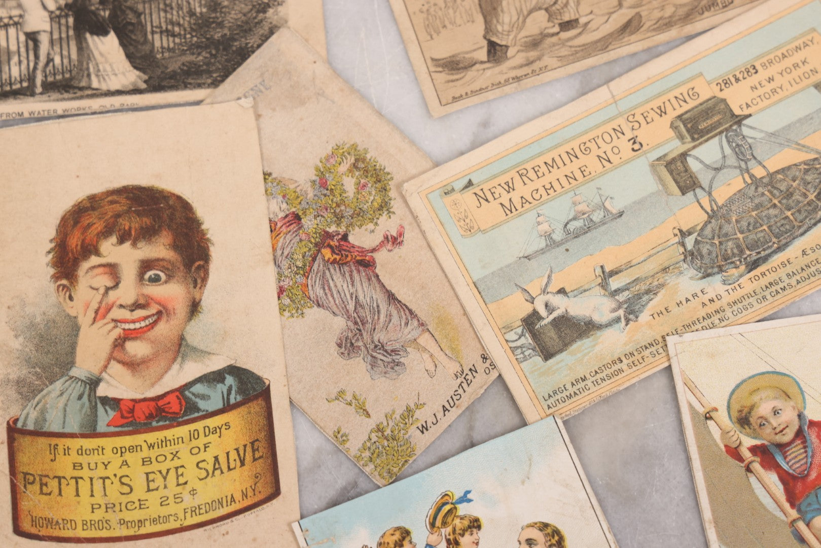 Lot 131 - Grouping Of Fifteen Antique Lithographed Trade Cards Cut From Scrap Albums, Including Petit's Eye Salve, Others, Note All Have Paper Pasted To Backs