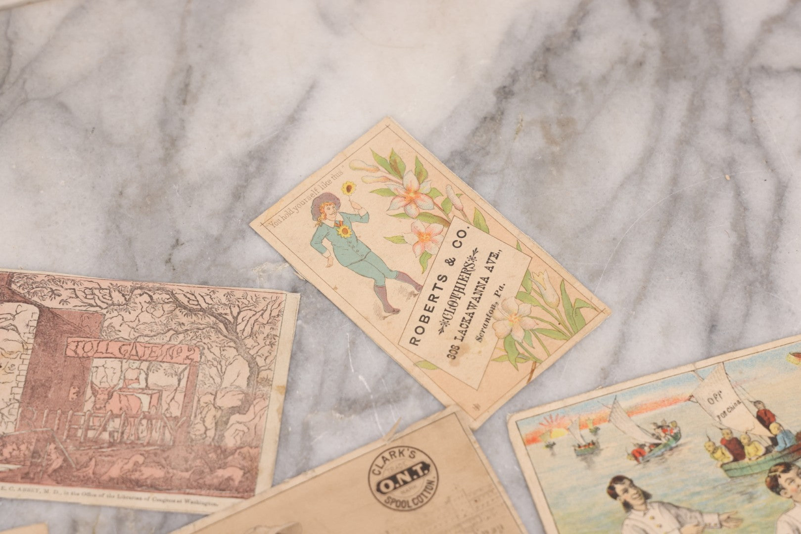 Lot 131 - Grouping Of Fifteen Antique Lithographed Trade Cards Cut From Scrap Albums, Including Petit's Eye Salve, Others, Note All Have Paper Pasted To Backs