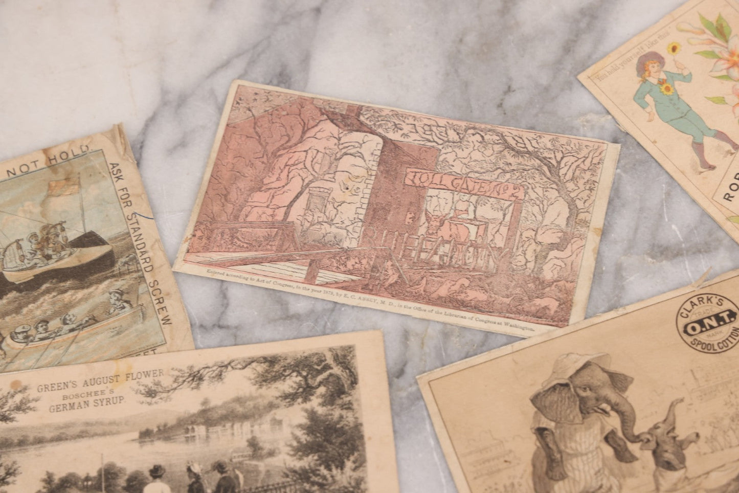 Lot 131 - Grouping Of Fifteen Antique Lithographed Trade Cards Cut From Scrap Albums, Including Petit's Eye Salve, Others, Note All Have Paper Pasted To Backs