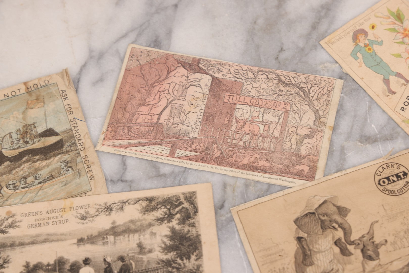 Lot 131 - Grouping Of Fifteen Antique Lithographed Trade Cards Cut From Scrap Albums, Including Petit's Eye Salve, Others, Note All Have Paper Pasted To Backs