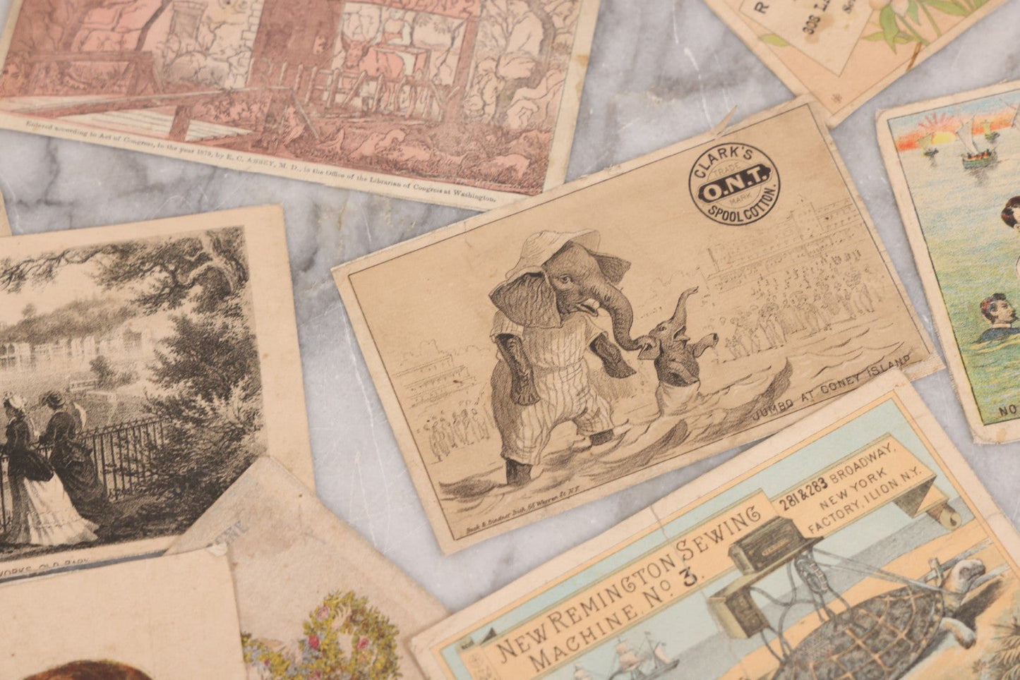 Lot 131 - Grouping Of Fifteen Antique Lithographed Trade Cards Cut From Scrap Albums, Including Petit's Eye Salve, Others, Note All Have Paper Pasted To Backs