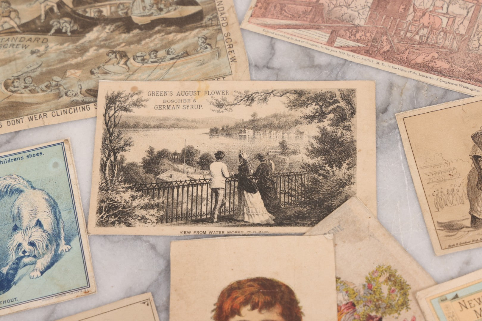 Lot 131 - Grouping Of Fifteen Antique Lithographed Trade Cards Cut From Scrap Albums, Including Petit's Eye Salve, Others, Note All Have Paper Pasted To Backs