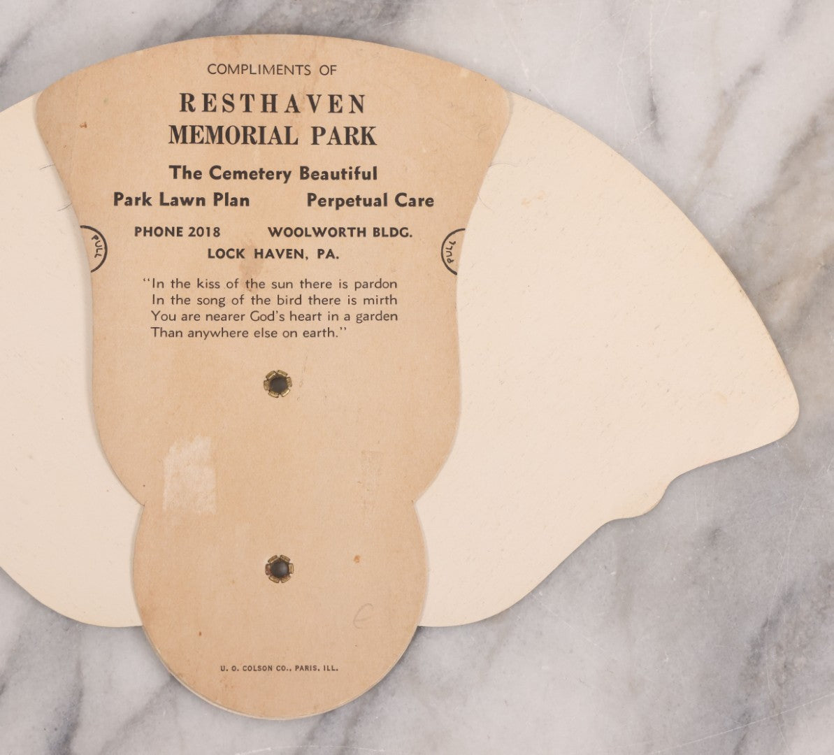 Lot 132 - Vintage Advertising Fan "Compliments Of Resthaven Memorial Park, The Cemetery Beautiful" Lock Haven, Pennsylvania, Manufactured By U.O. Colson Co., Paris, Illinois