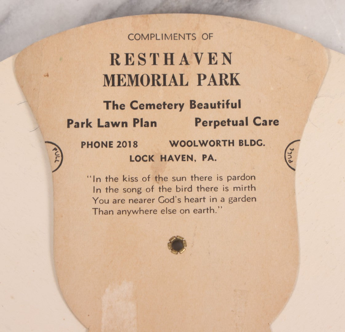 Lot 132 - Vintage Advertising Fan "Compliments Of Resthaven Memorial Park, The Cemetery Beautiful" Lock Haven, Pennsylvania, Manufactured By U.O. Colson Co., Paris, Illinois