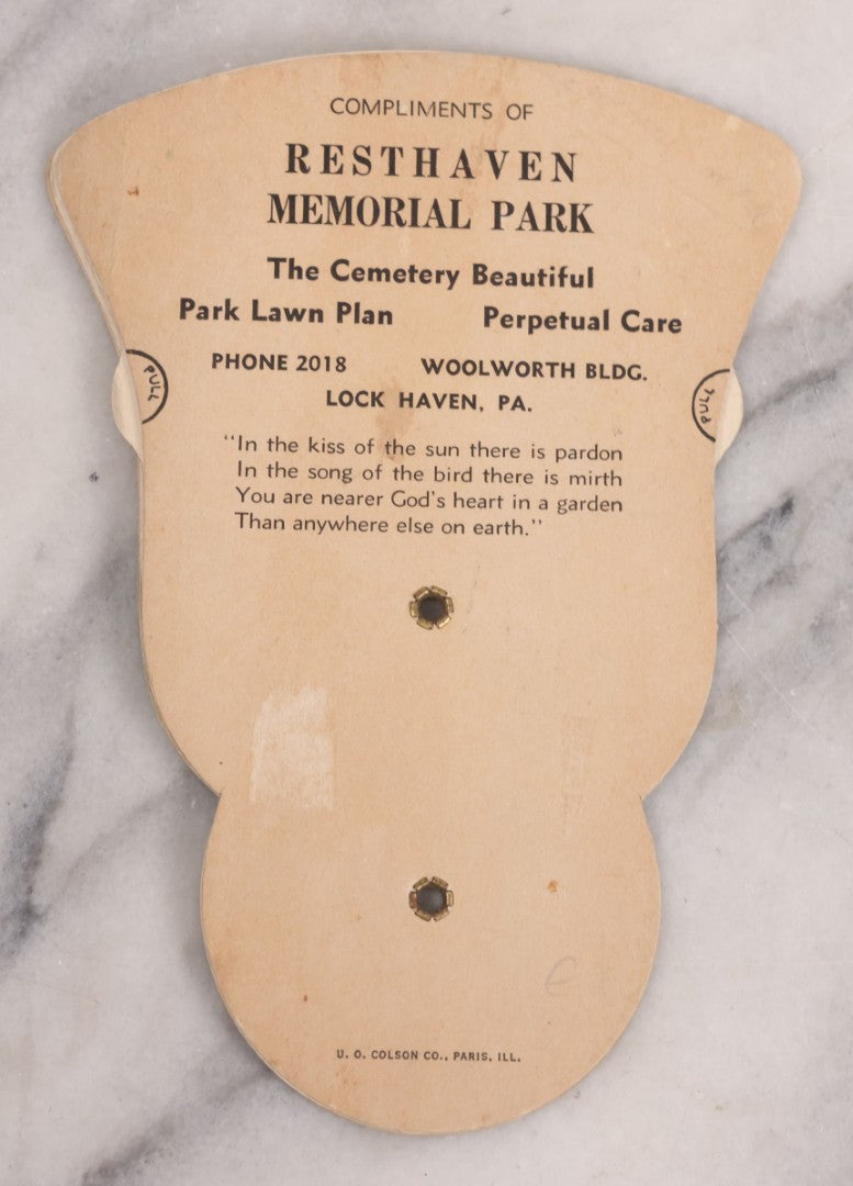 Lot 132 - Vintage Advertising Fan "Compliments Of Resthaven Memorial Park, The Cemetery Beautiful" Lock Haven, Pennsylvania, Manufactured By U.O. Colson Co., Paris, Illinois