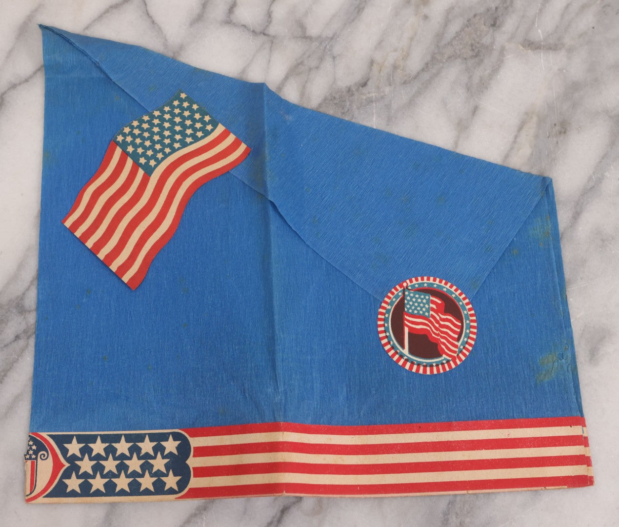Lot 133 - Antique Folded Crepe Paper Patriotic Holiday Hat With American Flags, Red, White, And Blue Coloring, Made In Germany, As Found