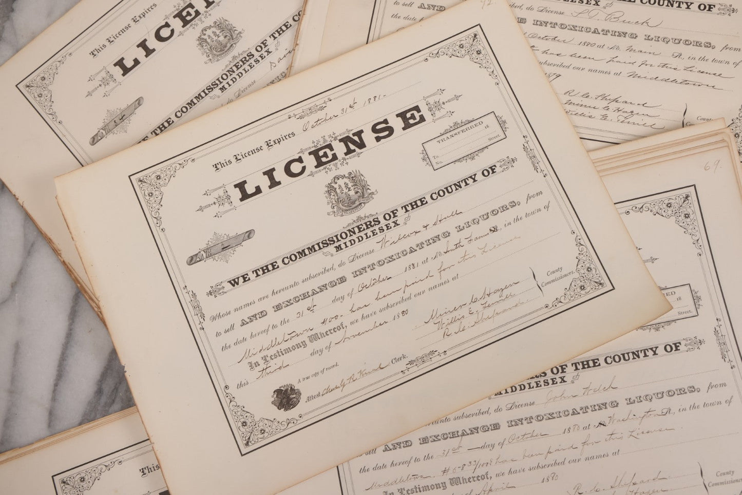 Lot 134 - Grouping Of 40+ Antique Licenses "To Sell And Exchange Intoxicating Liquors" Issued In Middletown, Middlesex County, Connecticut, All Expiring On October 31st, 1880s 