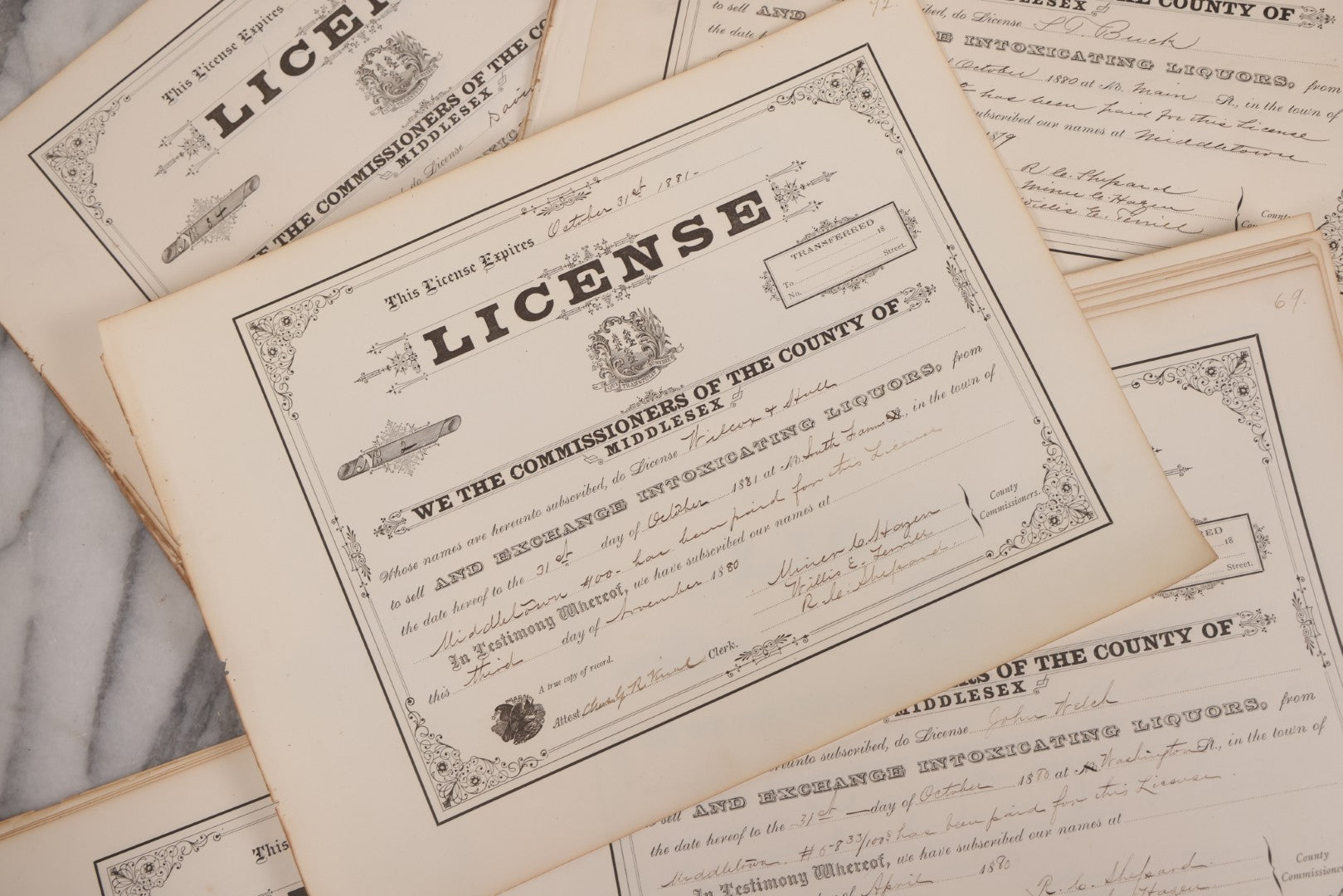 Lot 134 - Grouping Of 40+ Antique Licenses "To Sell And Exchange Intoxicating Liquors" Issued In Middletown, Middlesex County, Connecticut, All Expiring On October 31st, 1880s 