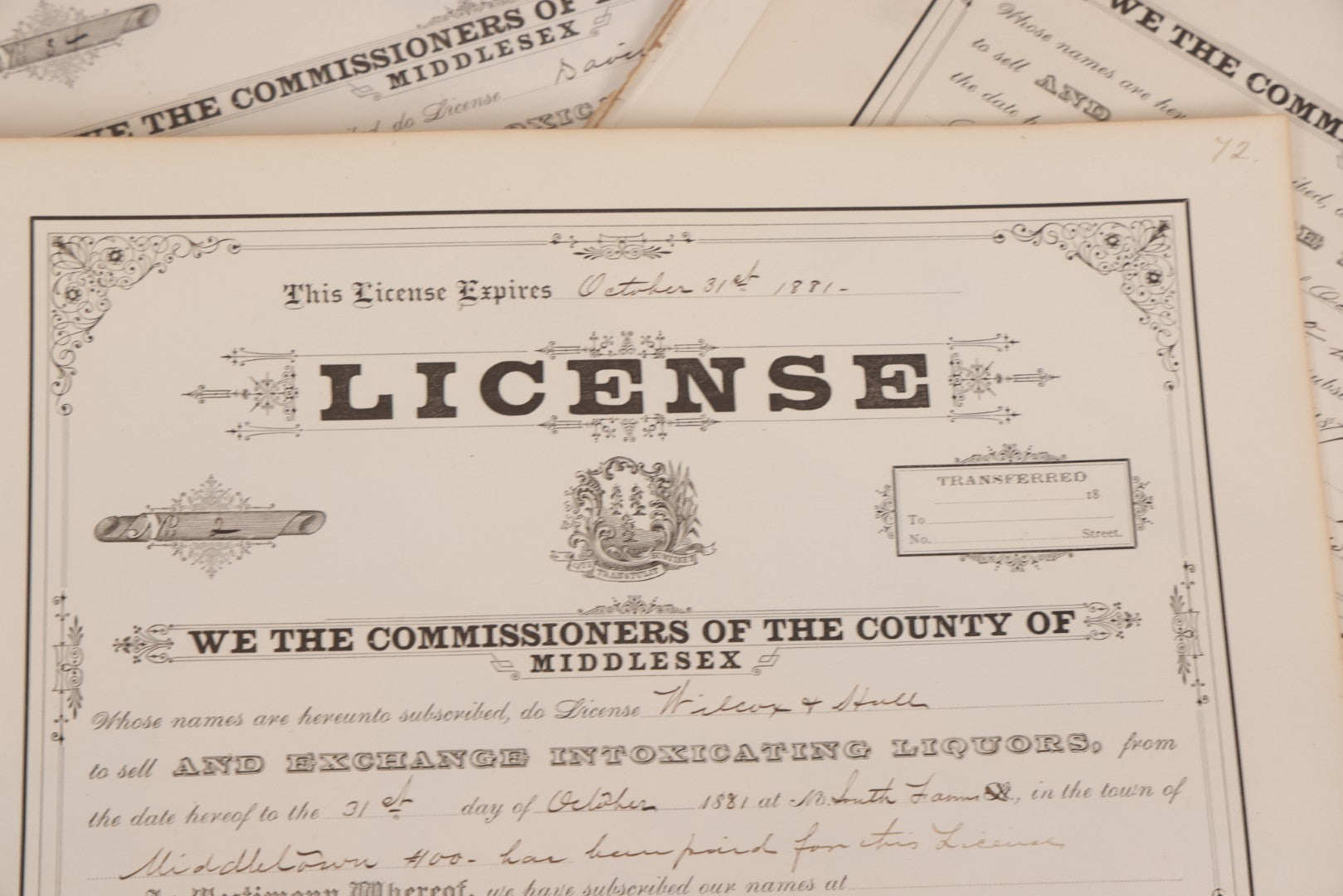 Lot 134 - Grouping Of 40+ Antique Licenses "To Sell And Exchange Intoxicating Liquors" Issued In Middletown, Middlesex County, Connecticut, All Expiring On October 31st, 1880s 