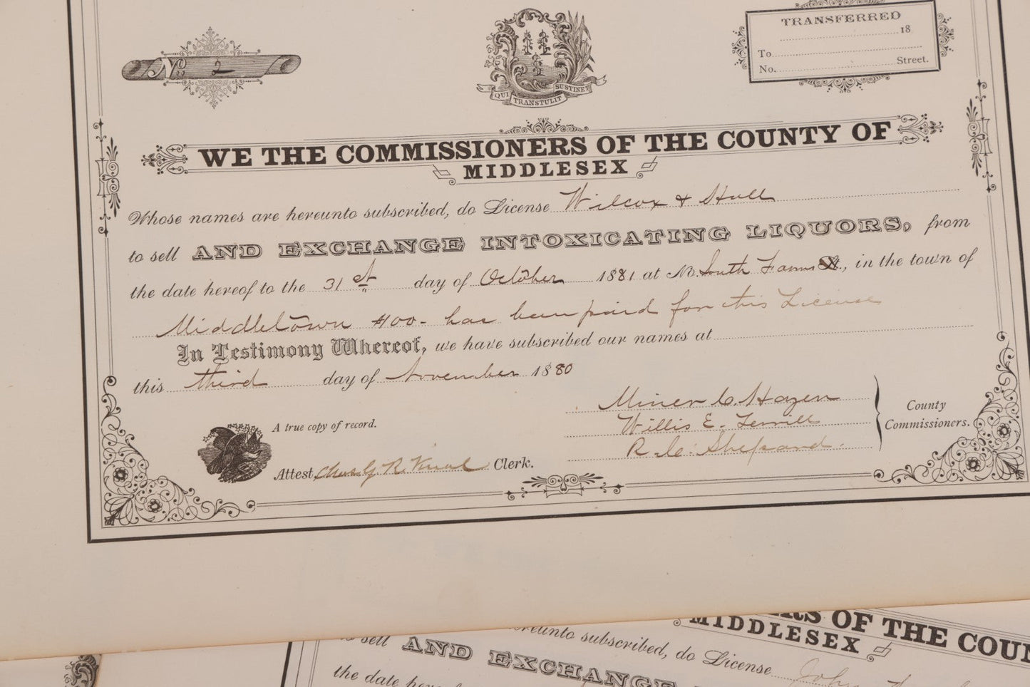 Lot 134 - Grouping Of 40+ Antique Licenses "To Sell And Exchange Intoxicating Liquors" Issued In Middletown, Middlesex County, Connecticut, All Expiring On October 31st, 1880s 