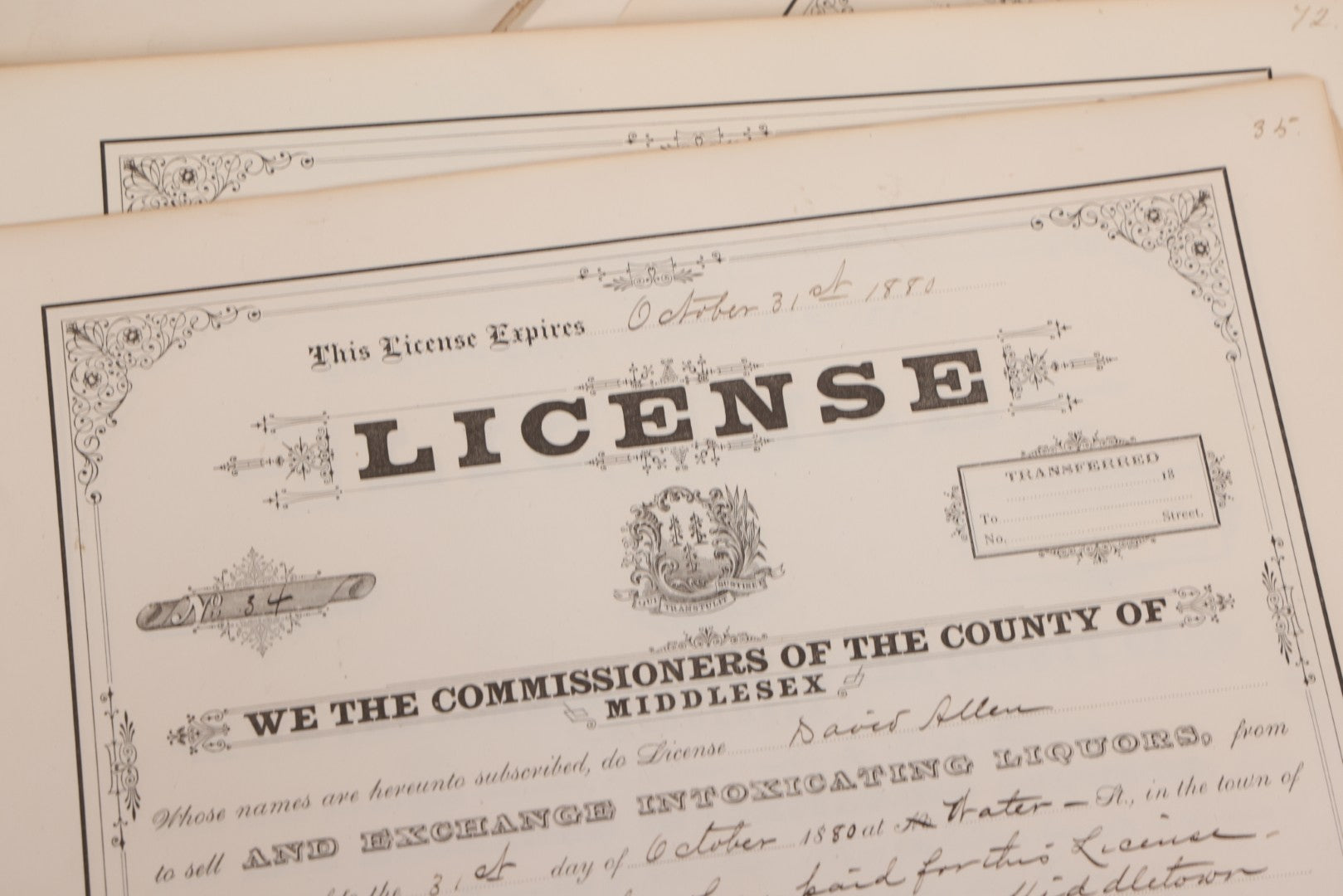 Lot 134 - Grouping Of 40+ Antique Licenses "To Sell And Exchange Intoxicating Liquors" Issued In Middletown, Middlesex County, Connecticut, All Expiring On October 31st, 1880s 