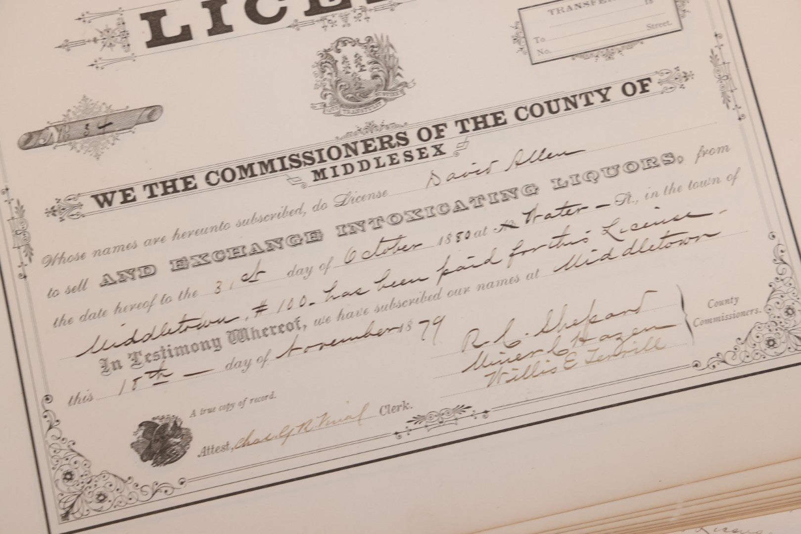 Lot 134 - Grouping Of 40+ Antique Licenses "To Sell And Exchange Intoxicating Liquors" Issued In Middletown, Middlesex County, Connecticut, All Expiring On October 31st, 1880s 