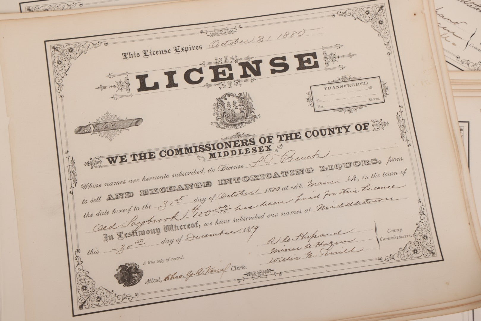 Lot 134 - Grouping Of 40+ Antique Licenses "To Sell And Exchange Intoxicating Liquors" Issued In Middletown, Middlesex County, Connecticut, All Expiring On October 31st, 1880s 
