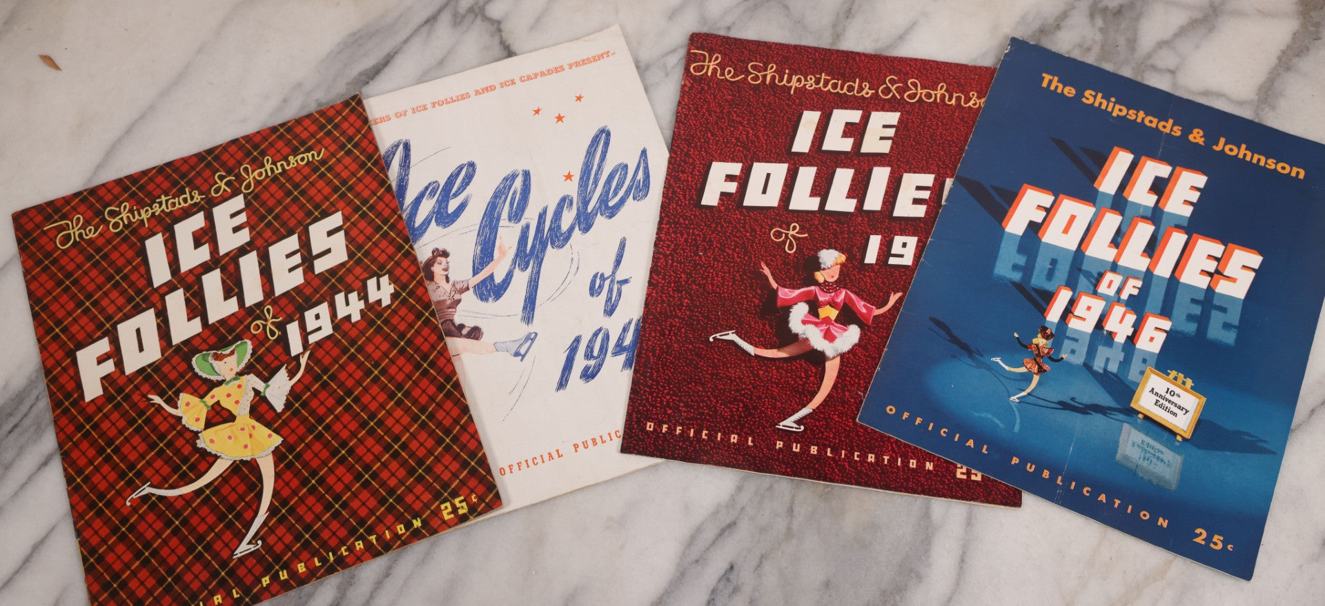 Lot 140 - Grouping Of Four Vintage Ice Follies Magazine Programs (1944, 1945, And 1946), And Ice Cycles Program (1946), With Illustrations And Black And White Photography Of Performers And Scenes Throughout, Shipstads & Johnson, Producers