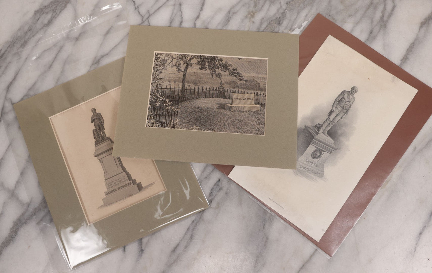 Lot 142 - Vintage Three Piece Daniel Webster Ephemera Grouping, Including Matted Prints Of Central Park Statue By Thomas Ball And Engraving Of Webster Tomb, And Print Of National Statuary Hall Statue By Carl Conrads