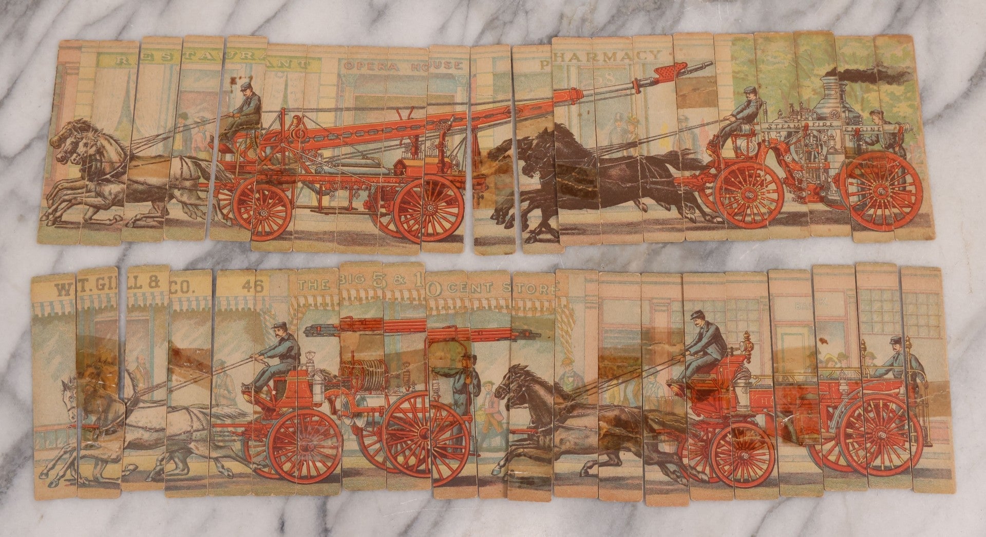 Lot 145 - Pair of Vintage Cardboard Firefighting Jigsaw Puzzles, Thin Vertical Pieces Depicting Early Fire Trucks, Firefighters, And Horses, Note Damage