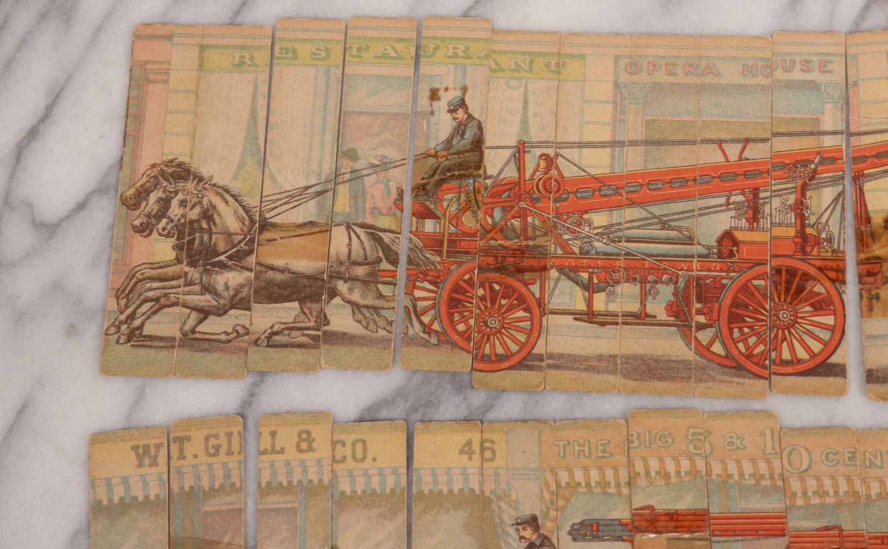 Lot 145 - Pair of Vintage Cardboard Firefighting Jigsaw Puzzles, Thin Vertical Pieces Depicting Early Fire Trucks, Firefighters, And Horses, Note Damage