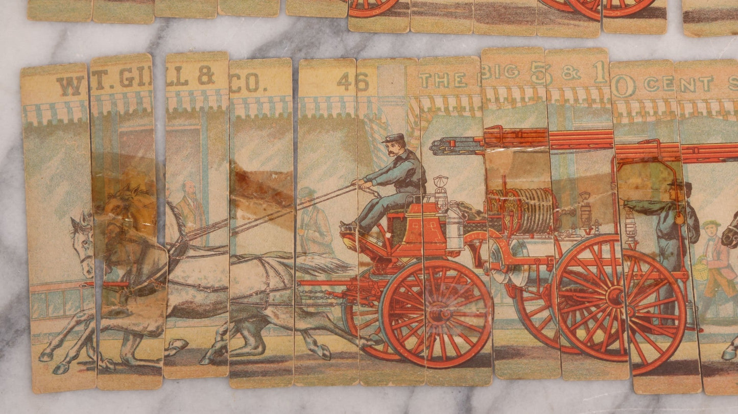 Lot 145 - Pair of Vintage Cardboard Firefighting Jigsaw Puzzles, Thin Vertical Pieces Depicting Early Fire Trucks, Firefighters, And Horses, Note Damage