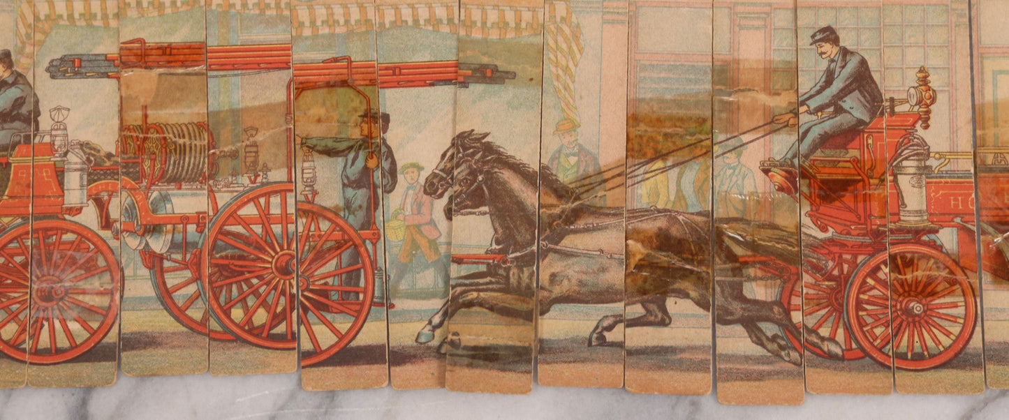 Lot 145 - Pair of Vintage Cardboard Firefighting Jigsaw Puzzles, Thin Vertical Pieces Depicting Early Fire Trucks, Firefighters, And Horses, Note Damage