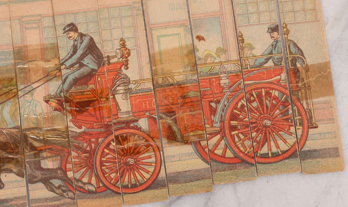 Lot 145 - Pair of Vintage Cardboard Firefighting Jigsaw Puzzles, Thin Vertical Pieces Depicting Early Fire Trucks, Firefighters, And Horses, Note Damage