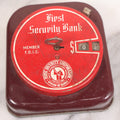 Lot 153 - Vintage First Security Bank Red Painted Metal Mechanical Coin Bank, "Member F.D.I.C." With First Security Corporation System Of Banks Logo "Largest Intermountain Banking Organization... Utah Wyoming Idaho"