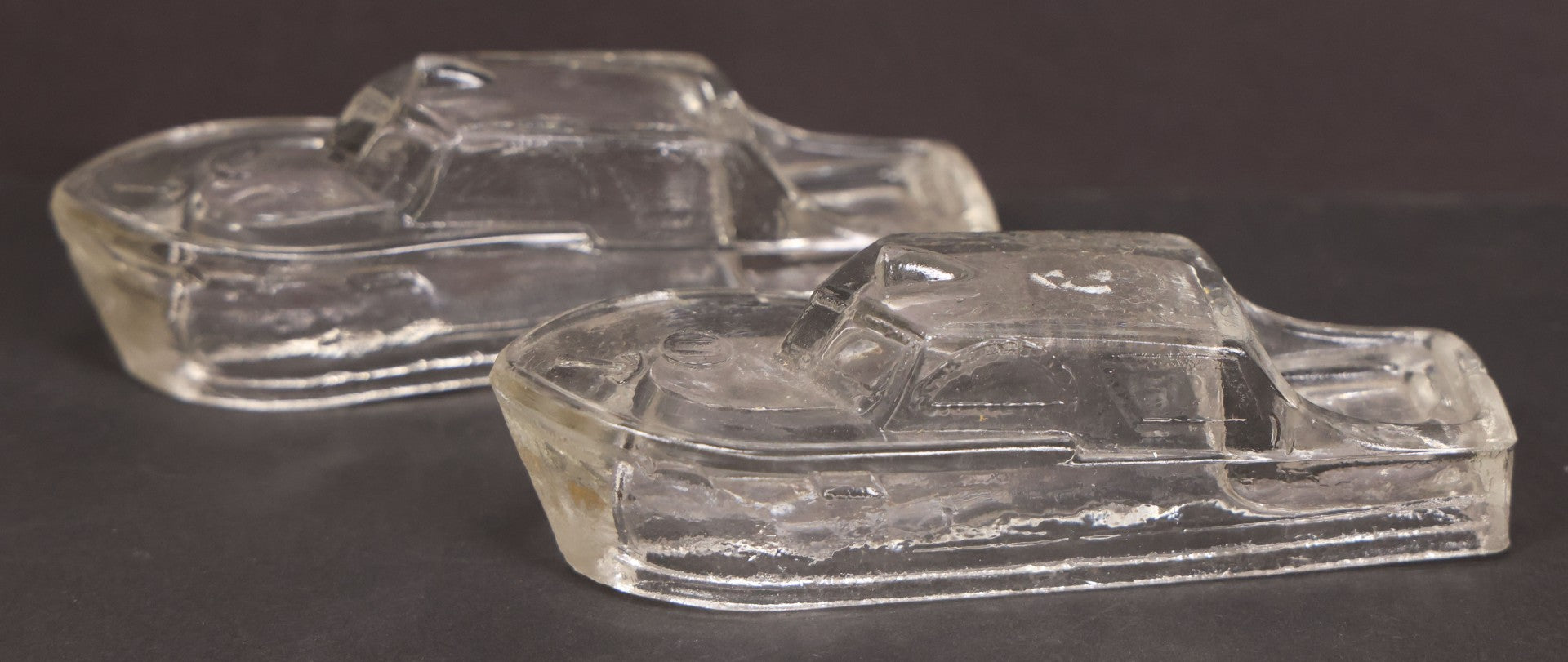 Lot 156 - Pair Of Matching Vintage Clear Glass Boat Candy Containers, 4-7/8" Length
