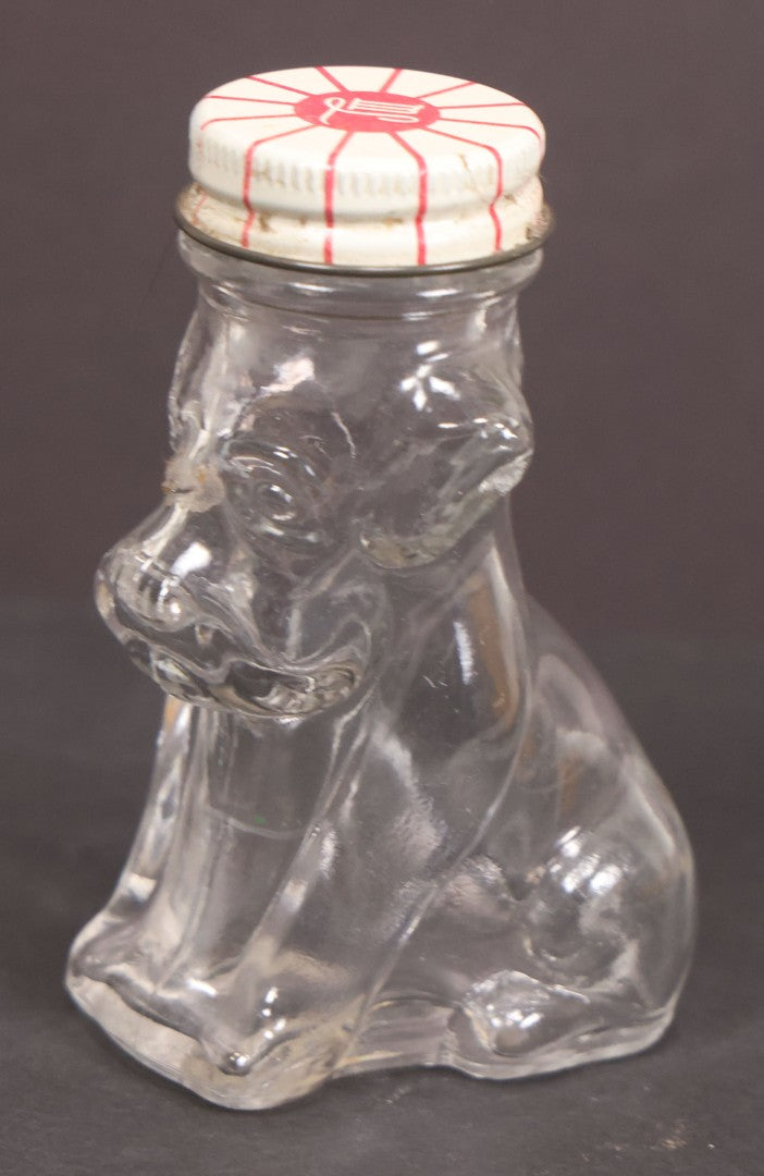 Lot 161 - Vintage Clear Glass Scottie Dog Candy Container With Original White And Red Metal "M.L." Twist Cap, 3-5/8" Height