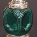 Lot 164 - Vintage Teal Glass Lantern Candy Container With Fixed Metal Base And Twist Off Metal Top With Wire Hanger, 4" Height