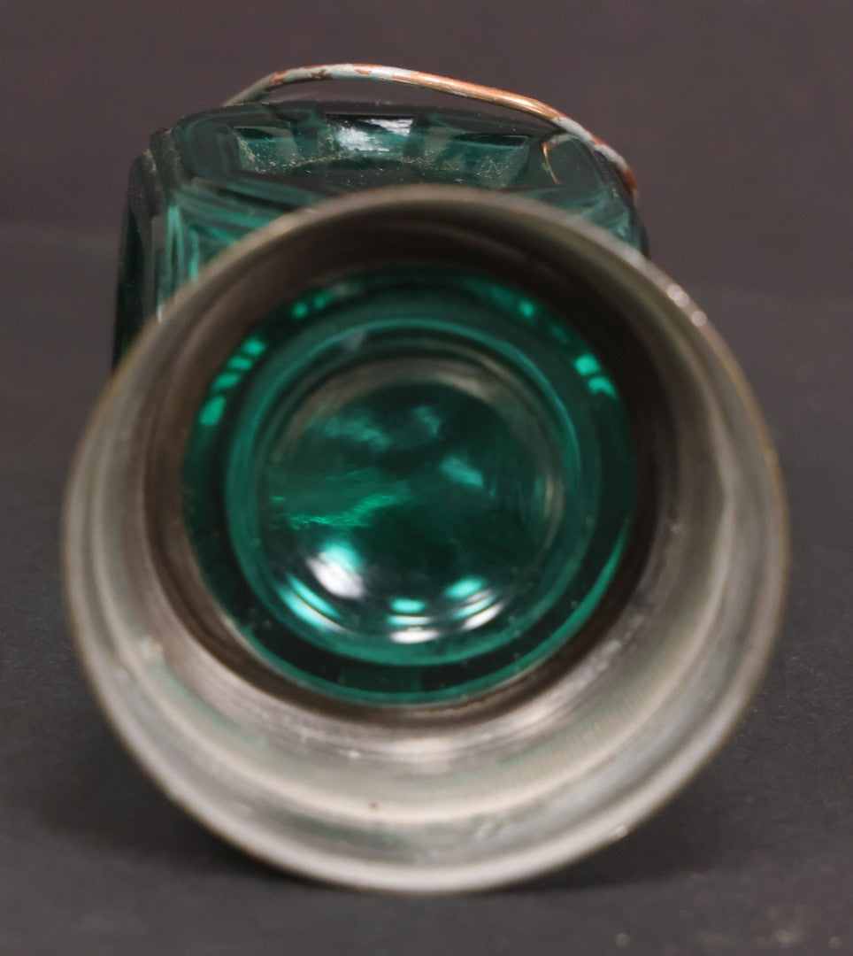 Lot 164 - Vintage Teal Glass Lantern Candy Container With Fixed Metal Base And Twist Off Metal Top With Wire Hanger, 4" Height