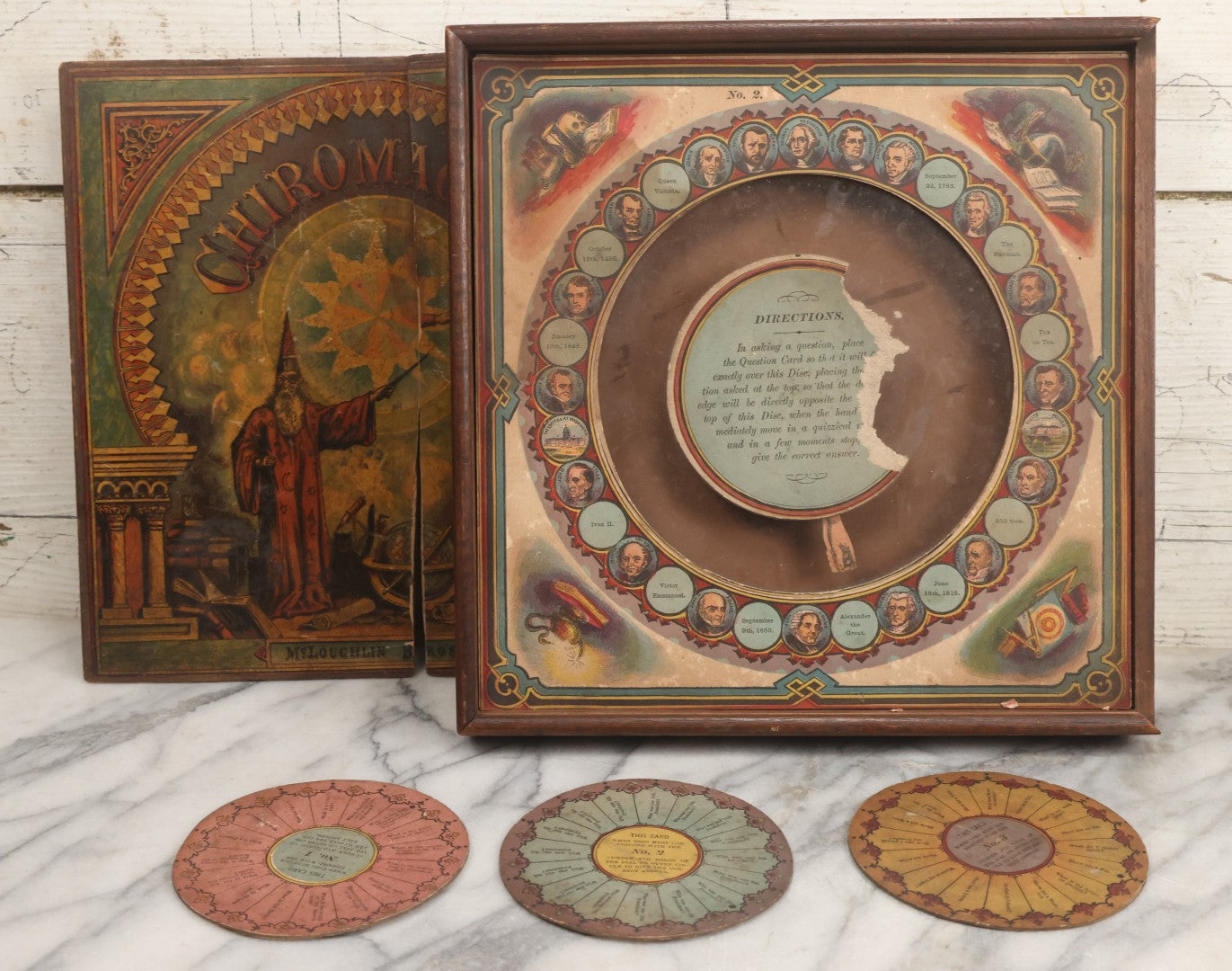 Lot 001 - Antique Lithopgraphed "Chiromagica" Fortune Telling Magnetic Board Game By Mcloughlin Bros., New York, Circa 1870