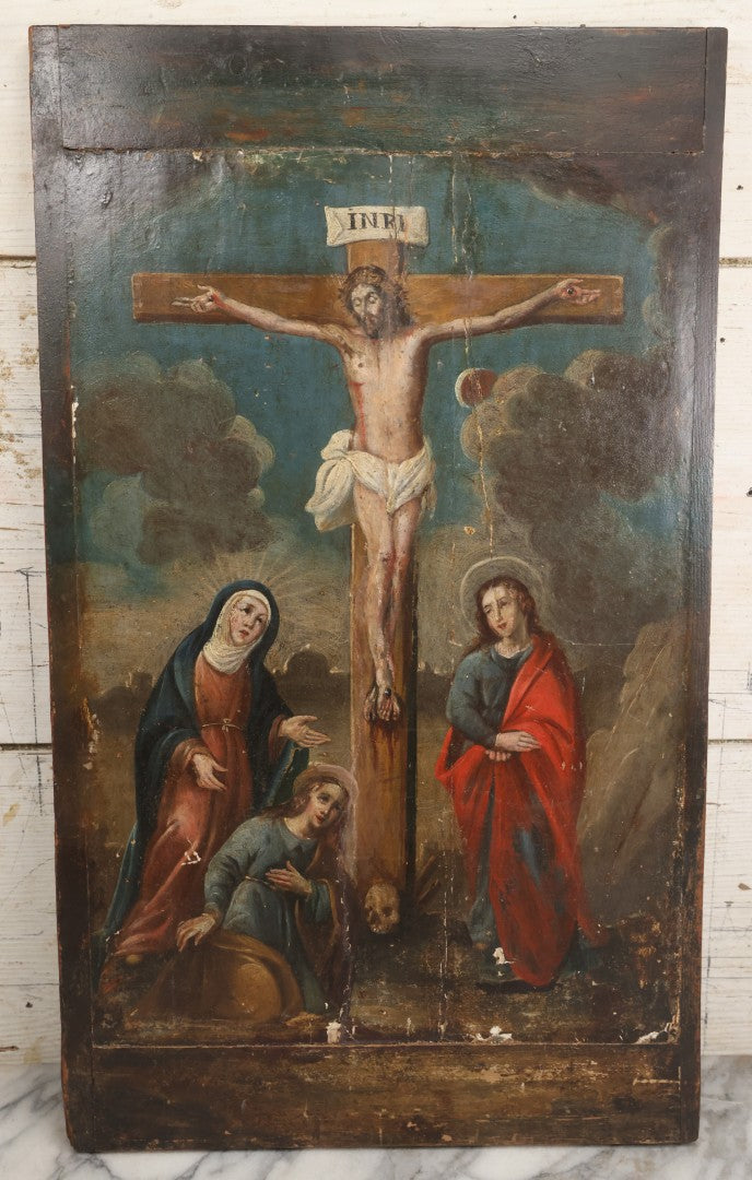 Lot 002 - Antique 19th Century Religious Devotional Painting On Wood Panel Depicting The Crucifixion Of Jesus With Mourners, Skull Of Adam 