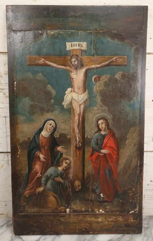 Lot 002 - Antique 19th Century Religious Devotional Painting On Wood Panel Depicting The Crucifixion Of Jesus With Mourners, Skull Of Adam 