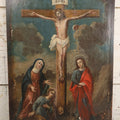 Lot 002 - Antique 19th Century Religious Devotional Painting On Wood Panel Depicting The Crucifixion Of Jesus With Mourners, Skull Of Adam, 14-3/4" x 25-1/8"