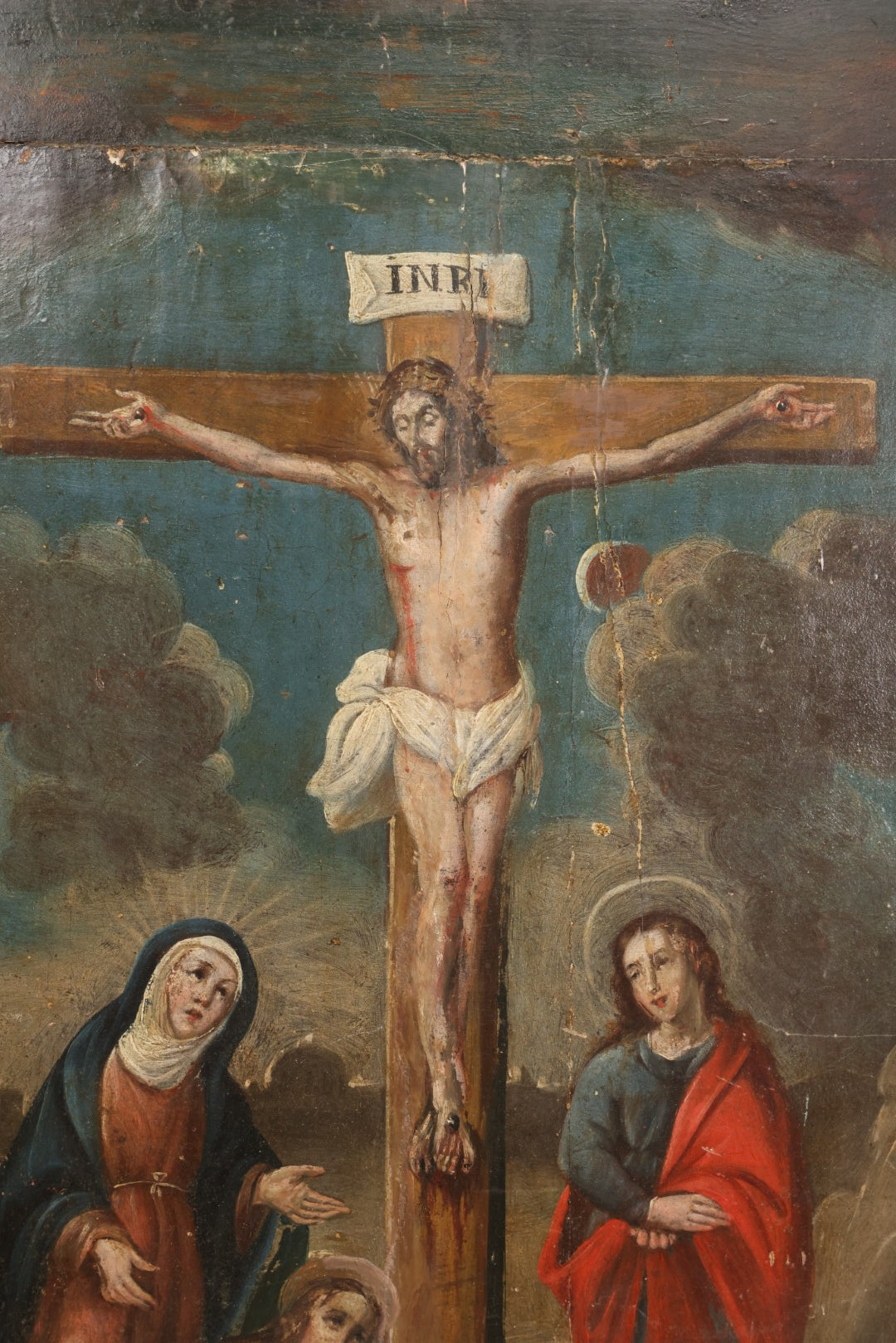 Lot 002 - Antique 19th Century Religious Devotional Painting On Wood Panel Depicting The Crucifixion Of Jesus With Mourners, Skull Of Adam 