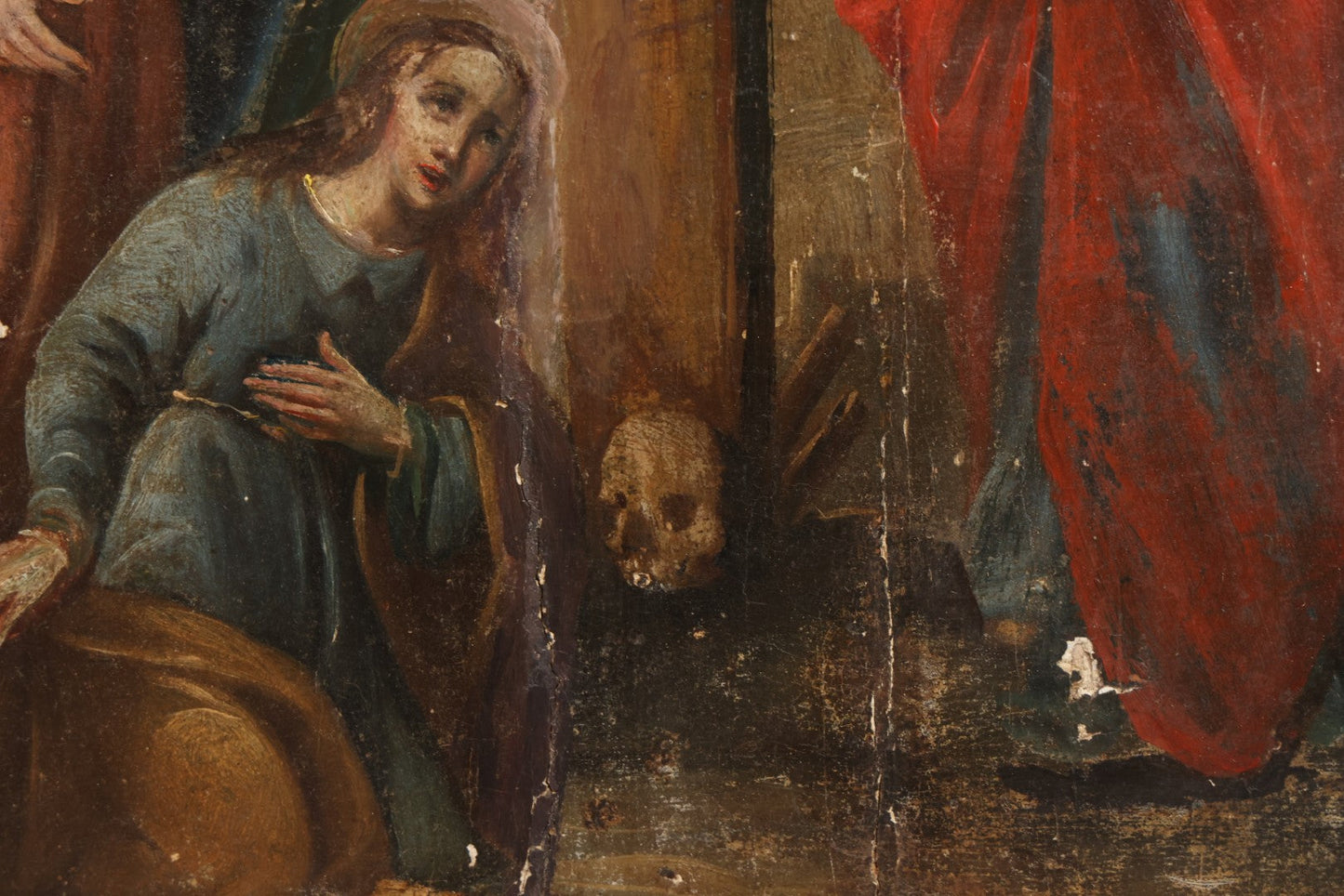 Lot 002 - Antique 19th Century Religious Devotional Painting On Wood Panel Depicting The Crucifixion Of Jesus With Mourners, Skull Of Adam 