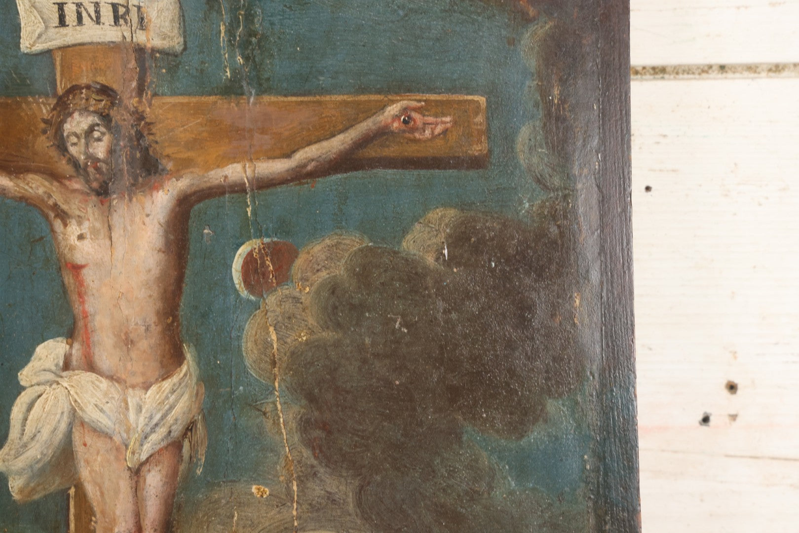 Lot 002 - Antique 19th Century Religious Devotional Painting On Wood Panel Depicting The Crucifixion Of Jesus With Mourners, Skull Of Adam 