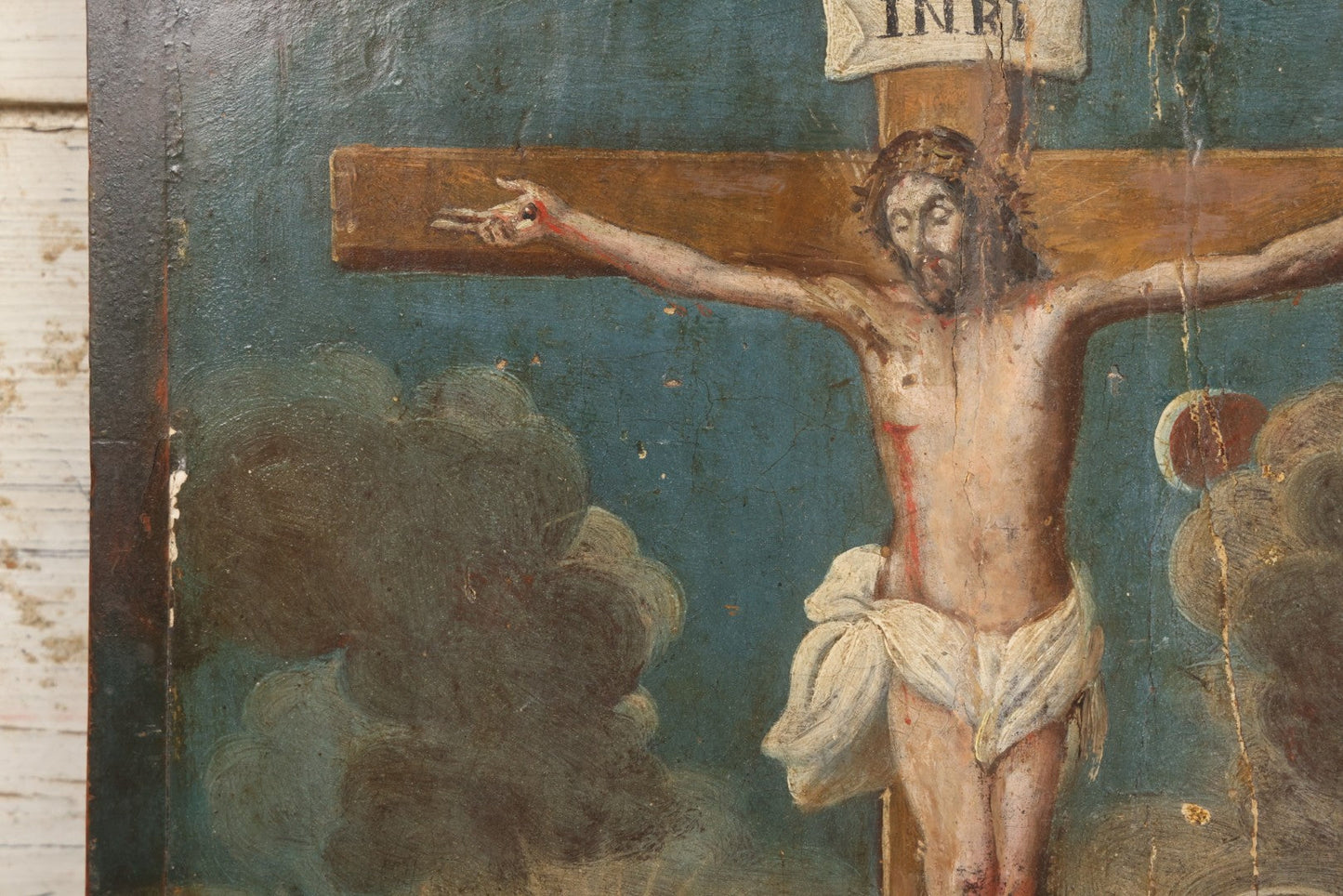 Lot 002 - Antique 19th Century Religious Devotional Painting On Wood Panel Depicting The Crucifixion Of Jesus With Mourners, Skull Of Adam 