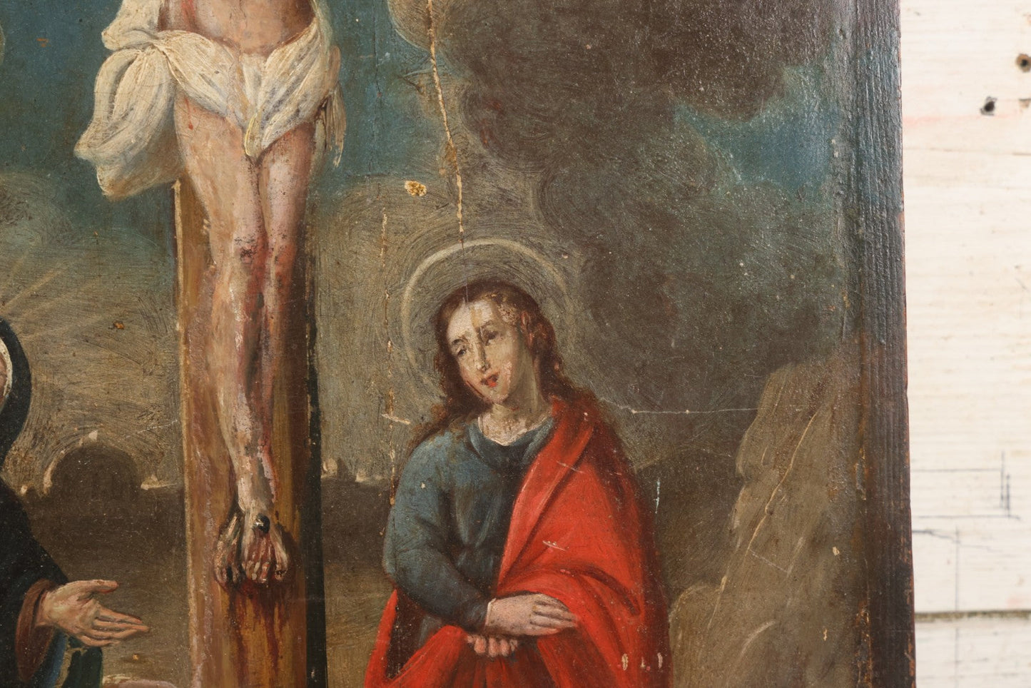 Lot 002 - Antique 19th Century Religious Devotional Painting On Wood Panel Depicting The Crucifixion Of Jesus With Mourners, Skull Of Adam 