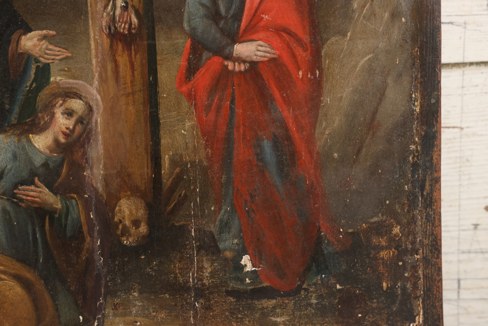 Lot 002 - Antique 19th Century Religious Devotional Painting On Wood Panel Depicting The Crucifixion Of Jesus With Mourners, Skull Of Adam 