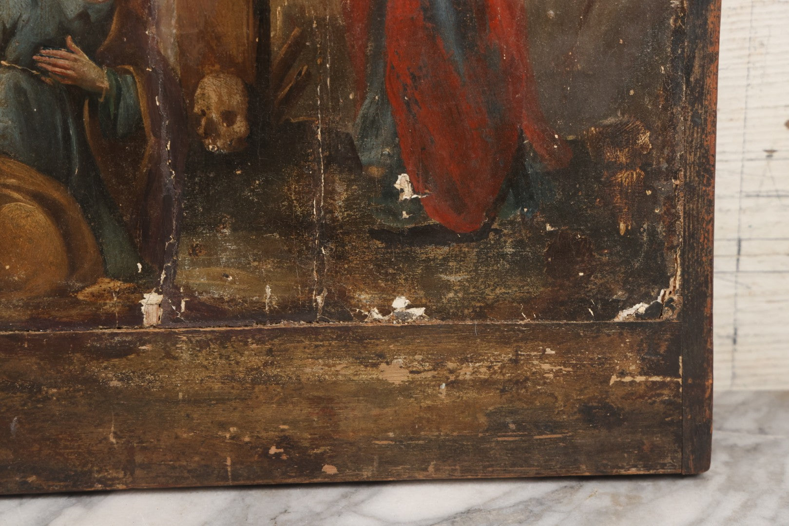 Lot 002 - Antique 19th Century Religious Devotional Painting On Wood Panel Depicting The Crucifixion Of Jesus With Mourners, Skull Of Adam 