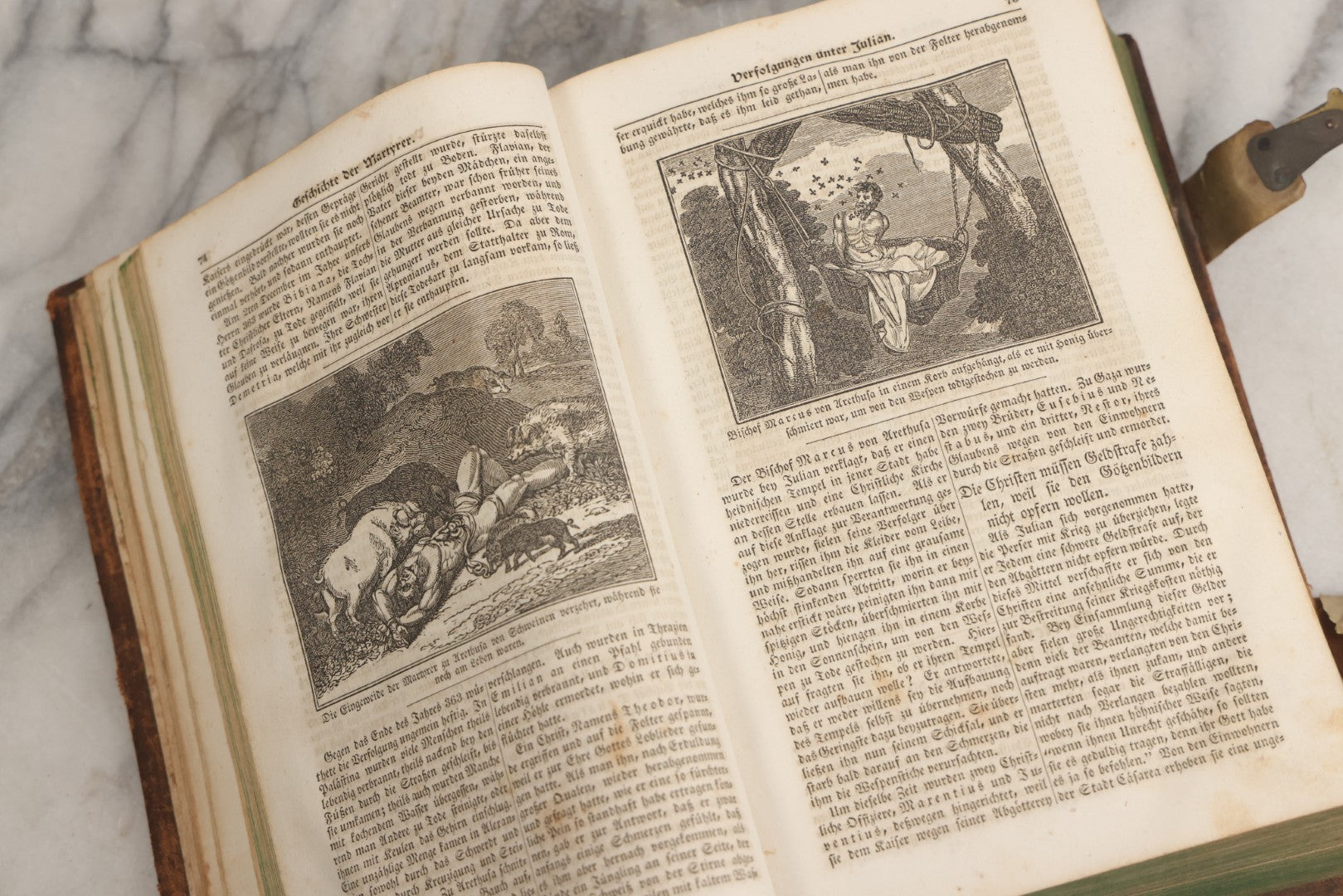 Lot 003 - Foxe's Book Of Martyrs, "History Of Christian Martyrdom, [...] The Lives, Sufferings, And Glorious Deaths Of Martyrs" By John Foxe, Illustrated With Gruesome Engravings, German Language, George W. Ment And Son, Publishers, Philadelphia, 1840