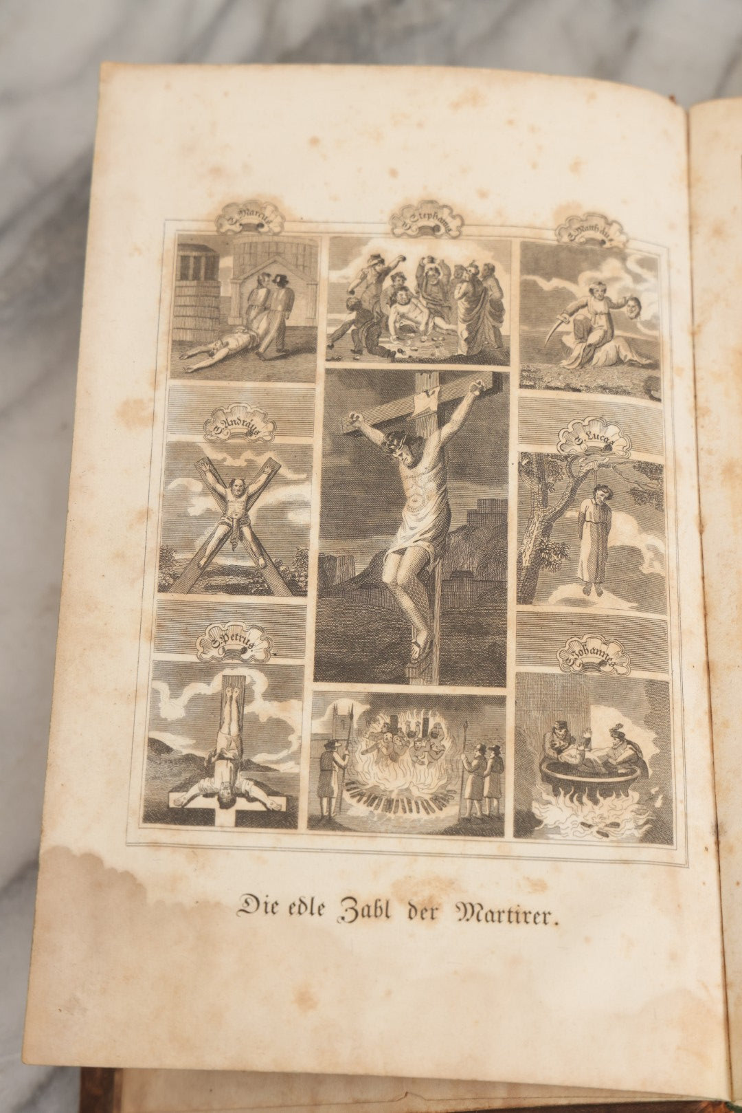 Lot 003 - Foxe's Book Of Martyrs, "History Of Christian Martyrdom, [...] The Lives, Sufferings, And Glorious Deaths Of Martyrs" By John Foxe, Illustrated With Gruesome Engravings, German Language, George W. Ment And Son, Publishers, Philadelphia, 1840