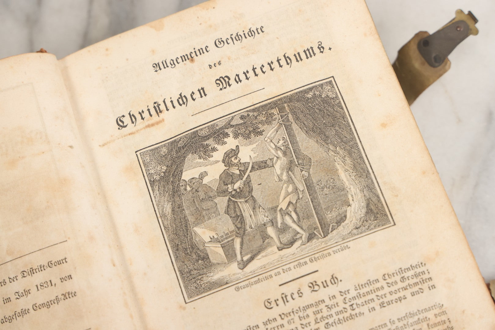 Lot 003 - Foxe's Book Of Martyrs, "History Of Christian Martyrdom, [...] The Lives, Sufferings, And Glorious Deaths Of Martyrs" By John Foxe, Illustrated With Gruesome Engravings, German Language, George W. Ment And Son, Publishers, Philadelphia, 1840