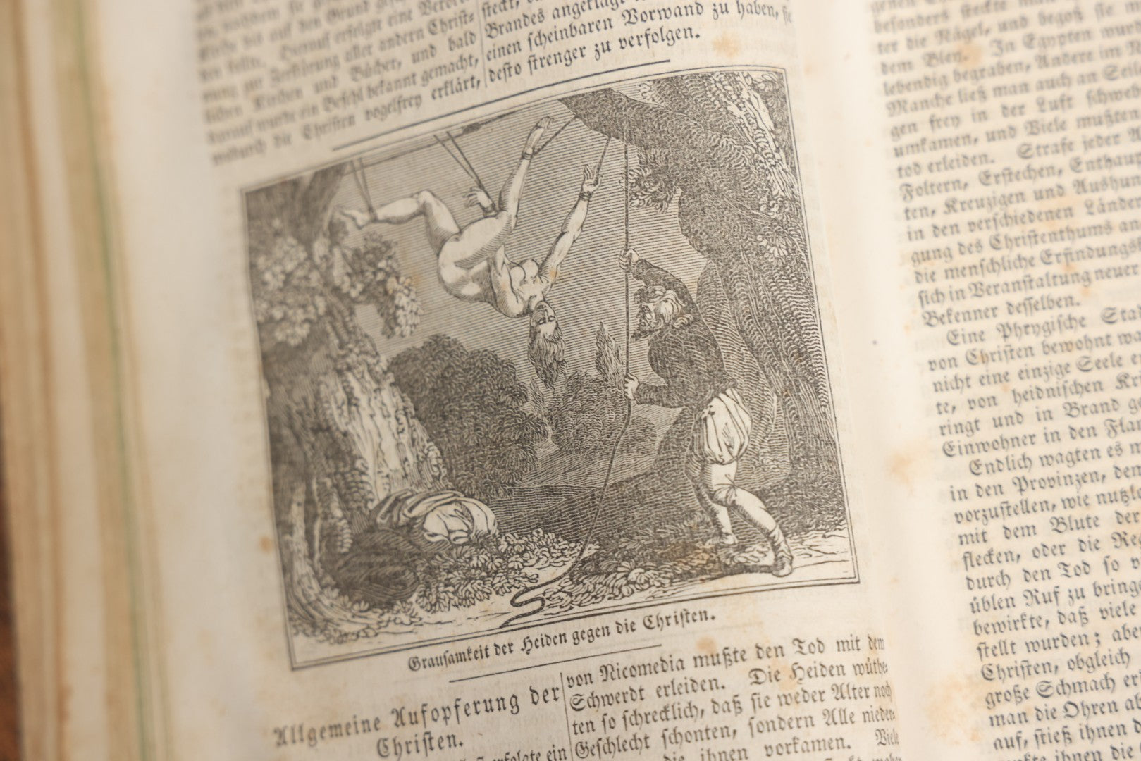 Lot 003 - Foxe's Book Of Martyrs, "History Of Christian Martyrdom, [...] The Lives, Sufferings, And Glorious Deaths Of Martyrs" By John Foxe, Illustrated With Gruesome Engravings, German Language, George W. Ment And Son, Publishers, Philadelphia, 1840