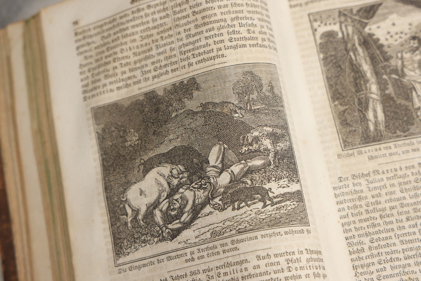 Lot 003 - Foxe's Book Of Martyrs, "History Of Christian Martyrdom, [...] The Lives, Sufferings, And Glorious Deaths Of Martyrs" By John Foxe, Illustrated With Gruesome Engravings, German Language, George W. Ment And Son, Publishers, Philadelphia, 1840