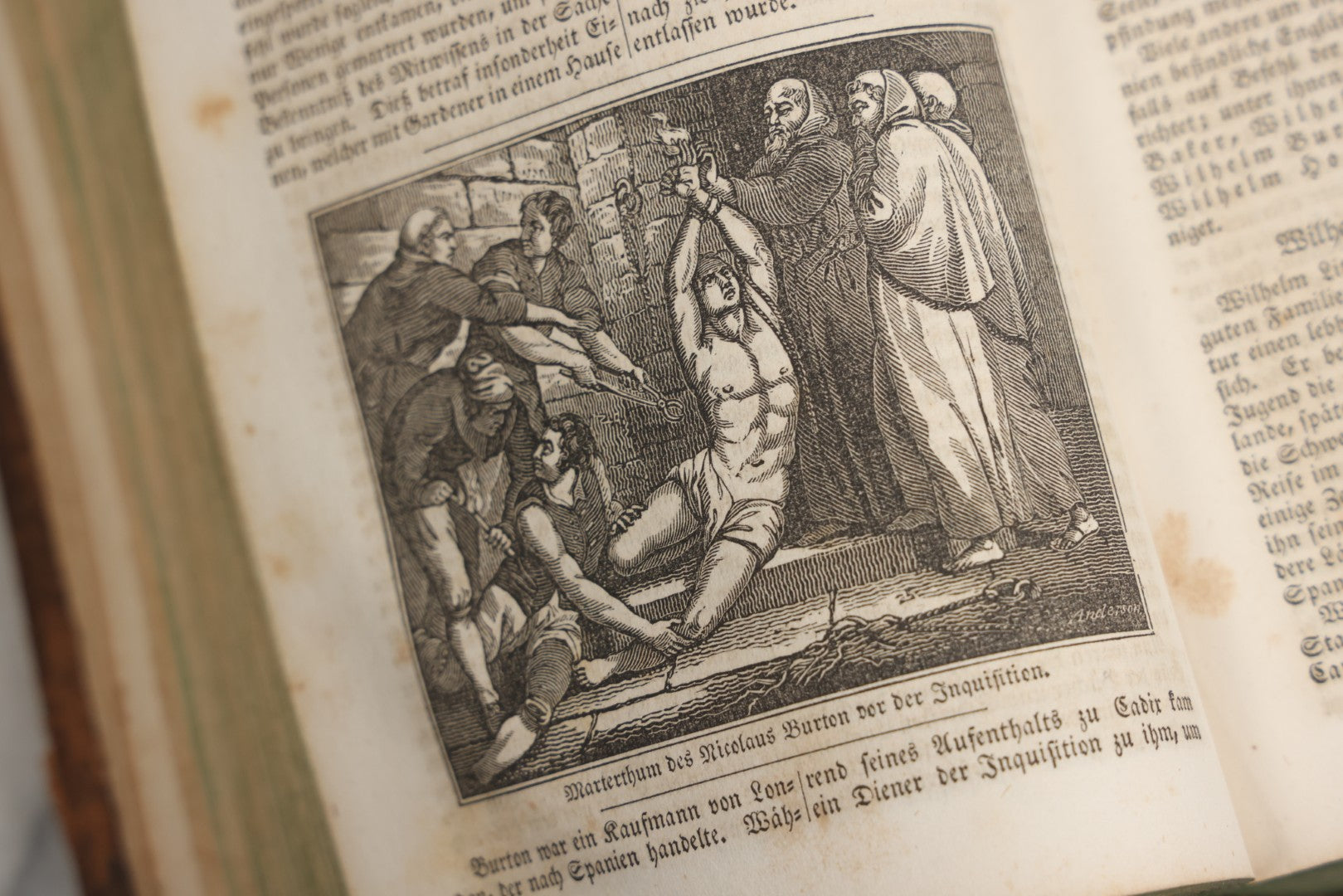 Lot 003 - Foxe's Book Of Martyrs, "History Of Christian Martyrdom, [...] The Lives, Sufferings, And Glorious Deaths Of Martyrs" By John Foxe, Illustrated With Gruesome Engravings, German Language, George W. Ment And Son, Publishers, Philadelphia, 1840