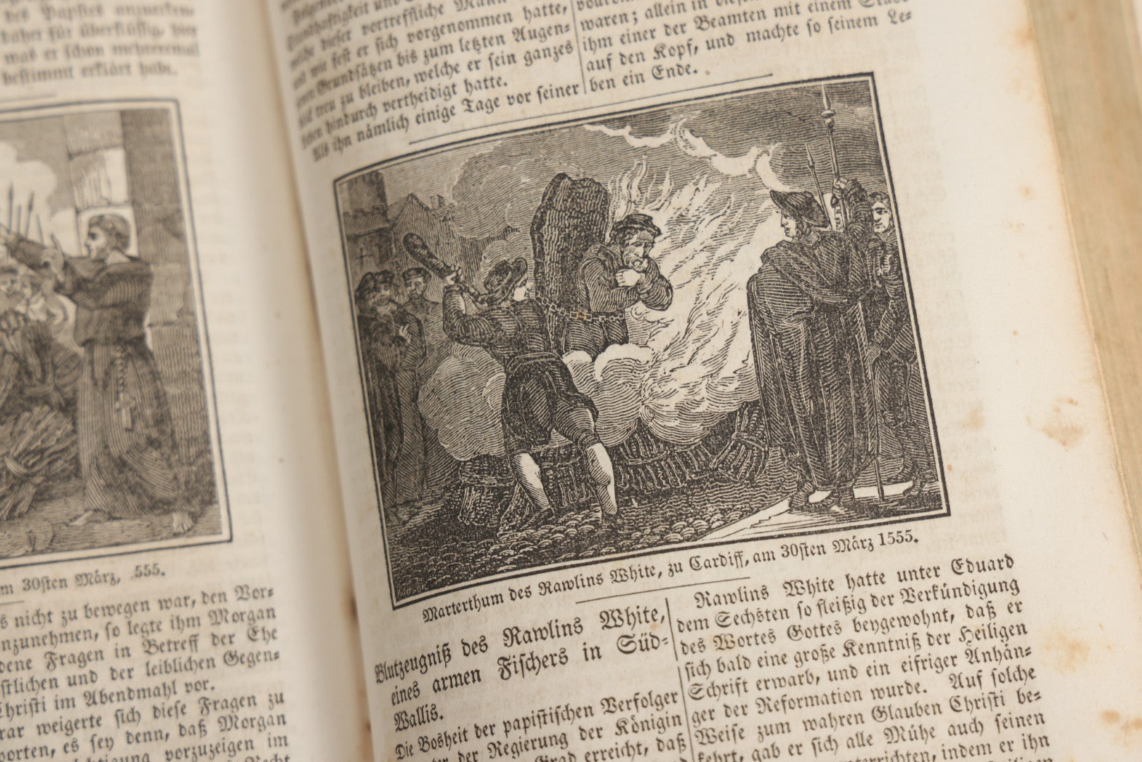 Lot 003 - Foxe's Book Of Martyrs, "History Of Christian Martyrdom, [...] The Lives, Sufferings, And Glorious Deaths Of Martyrs" By John Foxe, Illustrated With Gruesome Engravings, German Language, George W. Ment And Son, Publishers, Philadelphia, 1840