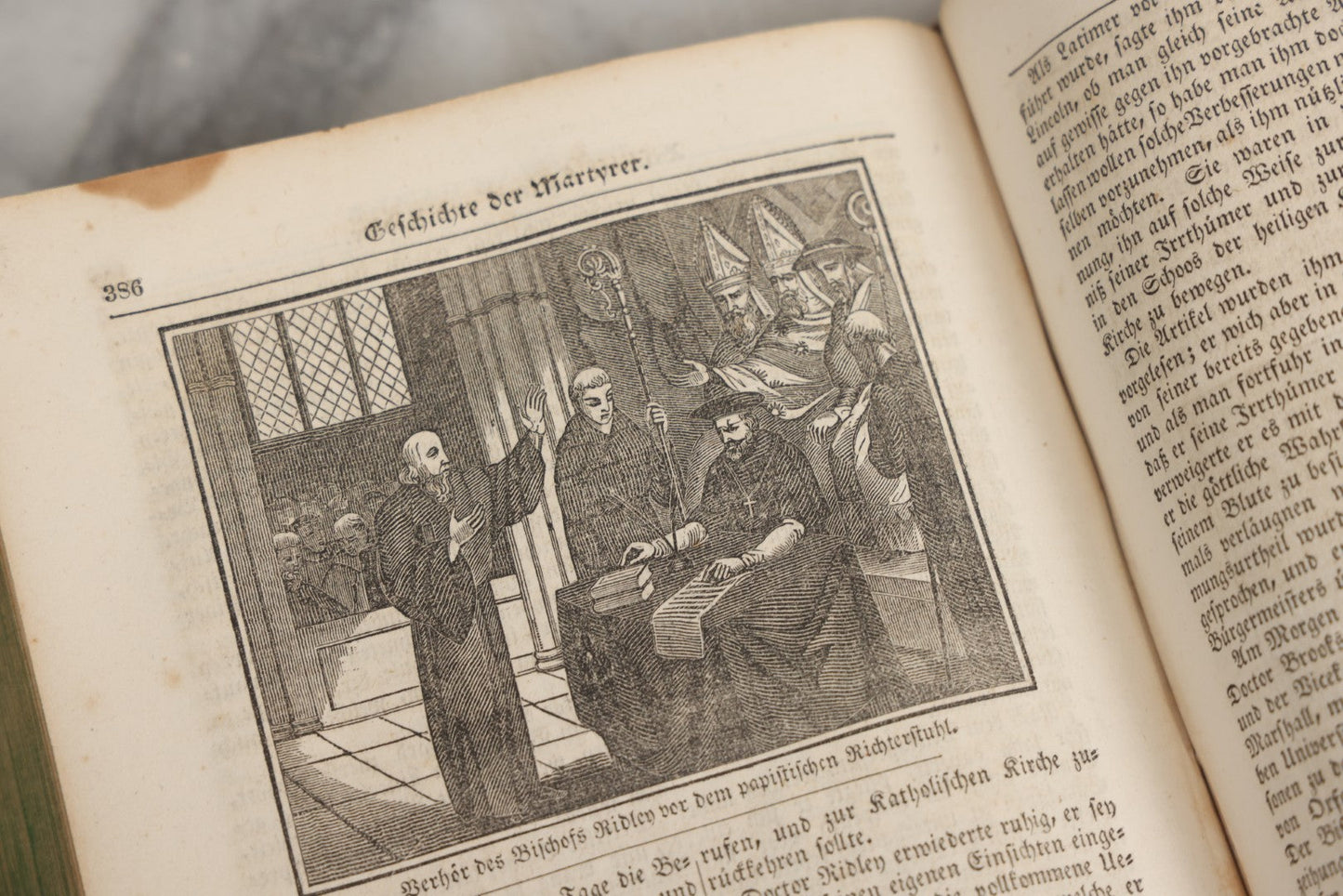 Lot 003 - Foxe's Book Of Martyrs, "History Of Christian Martyrdom, [...] The Lives, Sufferings, And Glorious Deaths Of Martyrs" By John Foxe, Illustrated With Gruesome Engravings, German Language, George W. Ment And Son, Publishers, Philadelphia, 1840
